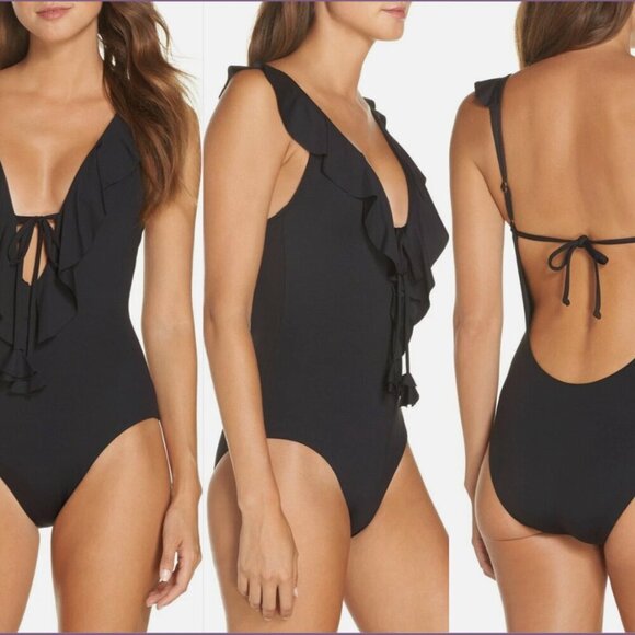 Becca Socialite Swimsuit One Piece V-Neck Ruffled Plunging Black New Size Small - Picture 12 of 12